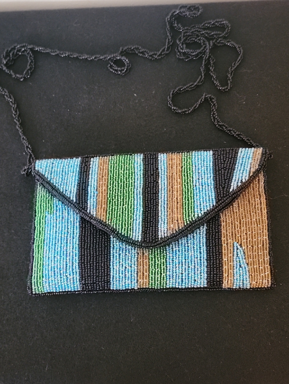 Beaded Stripe Envelope Crossbody - Blue Green Brown and Black.